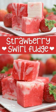 strawberry swirl fudge on a white plate with strawberries in the background and text overlay