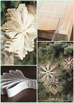 several pictures of christmas decorations and books on a tree with snowflakes hanging from the branches