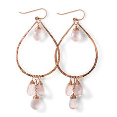 "Pale pink rose quartz briolettes are hand wrapped with rose gold fill and suspended by delicate rose gold fill teardrop hoops. Each teardrop hoop is hand shaped, forged, and polished to a glittering finish. These earrings are long, sparkly, and great for nights out. These earrings are in it for the long haul : we only use high quality 14k gold fill, which (unlike gold plate) will never wear off or change color no matter how much you wear them. The sterling silver version of these hoops are made Rose Gold Briolette Earrings, Rose Gold Hammered Teardrop Jewelry, Rose Gold Hammered Dangle Earrings, Rose Gold Dangle Earrings With Rose Quartz, Feminine Rose Gold Teardrop Earrings, Rose Gold Rose Quartz Drop Earrings, Teardrop Hoop Earrings, Geode Jewelry, Geode Earrings