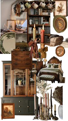 a collage of antique furniture, candles and other items in an old - fashioned display case