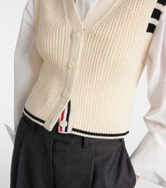 Find THOM BROWNE Striped Wool Sweater Vest on Editorialist. Material: 100% wool. Care instructions: dry clean. Made in the UK. Closure: buttoned front. Turtleneck Sweater Outfit, Tweed Vest, Striped Vests, Color Name, Wool Vest, Outerwear Vest, Vest White, White Sleeveless, Sleeveless Vest