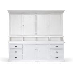 a white cabinet with drawers and doors on the bottom shelf is shown against a white background