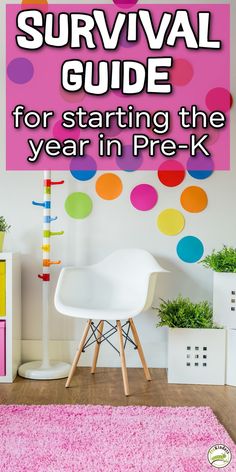 a white chair sitting on top of a pink rug in front of a colorful wall