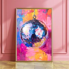 an abstract painting of a disco ball hanging on a pink wall