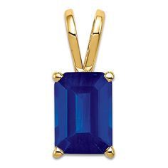 A mesmerizing rectangle-cut natural blue sapphire gemstone shimmers with distinction in this glamorous women's necklace pendant, fashioned in 14K yellow gold. Classic Blue Rectangular Necklace, Blue Sapphire Necklace, Women's Necklace, Blue Sapphire Gemstone, Jared The Galleria Of Jewelry, Sapphire Necklace, Necklace Charm, Natural Blue Sapphire, Sapphire Gemstone