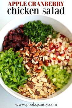 chopped vegetables and nuts in a bowl on a white table top, ready to be eaten