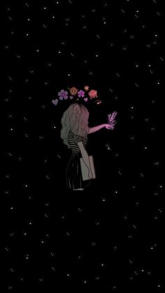 a girl with flowers in her hair is looking up at the stars on the sky