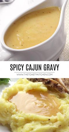 two pictures with different types of food in them and the words spicy cajun gravy