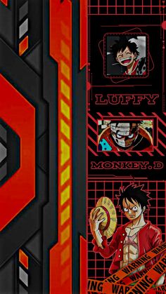 an anime character holding a baseball bat in front of a red and black background with the words luffy monkey d on it