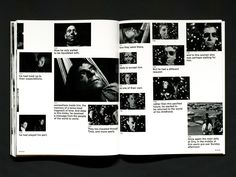 an open book with black and white photos on it's pages, including images of people