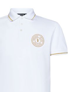 V-emblem Polo Shirt Luxury Short Sleeve Polo Shirt, Designer Polo Shirt With Embroidered Logo, Luxury Gold Short Sleeve Tops, Luxury White Tops With Logo, Luxury Cotton Tops With Logo, Luxury Short Sleeve Top With Designer Logo, Luxury Polo Collar Top With Embroidered Logo, Luxury Cotton Polo Shirt, Luxury White Tops With Embroidered Logo