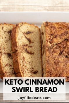 a loaf of keto cinnamon swirl bread on a white plate with text overlay