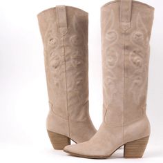 New Faux Suede Cowboy Boots Size 8 Beige Wide Calf Mid-calf Boots For Winter, Trendy Beige Mid-calf Boots For Fall, Western Beige Boots For Winter, Mid-calf Faux Leather Boots For Spring, Spring Mid-calf Faux Leather Boots, Mid-calf Faux Leather Boots, Western Style Suede Mid-calf Boots For Winter, Beige Wide Calf Boots For Fall, Fall Beige Mid-calf Boots Medium Width