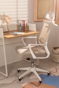 an office chair sitting in front of a desk