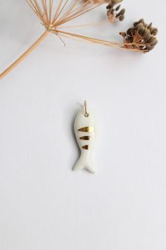 Artisan ceramic porcelain fish charm pendant gold decor Porcelain Jewellery, Ceramic Porcelain, Porcelain Jewelry, Gold Decor, Pendant Gold, Jump Rings, White Porcelain, Real Gold, Gold Pendant