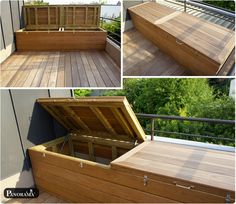 several pictures of a wooden deck with storage boxes on top and bottom, including an open box