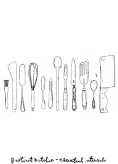 a drawing of kitchen utensils lined up in a row with words written below