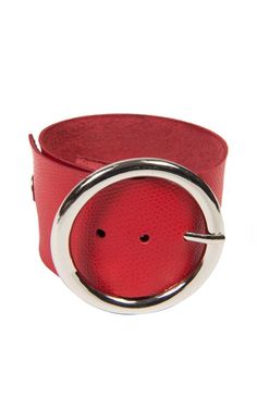 Extravagant Red Wristband - METBR4A A great everyday bracelet in a vivid red color and with a statement metal holder. This wide bracelet is very easy to wear and will be a great accent on a black outfit and will make it stand out even more. It has two snap buttons for closure as well as belt loops for the metal holder. This band is about 12 inches / 31 cm long and about 2 inches / 5 cm wide. This bracelet is made of 100% genuine leather. The item cannot be custom made. NOTE! Since every piece is Adjustable Red Bangle Cuff Bracelet, Red Metal Bangle Cuff Bracelet, Red Metal Cuff Bracelet Bangle, Red Adjustable Metal Cuff Bracelet, Adjustable Red Metal Cuff Bracelet, Trendy Red Adjustable Leather Bracelet, Modern Red Leather Bracelet, Red Metal Cuff Bracelet, Modern Red Bangle Bracelet