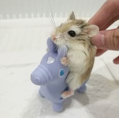 a hamster sitting on top of a blue elephant toy in someone's hand