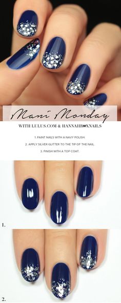 Mani Monday: Navy Blue and Silver Glitter Nail Tutorial | Lulus.com Fashion Blog | Bloglovin’ Navy Nails, Navy Blue Nails, Silver Glitter Nails, Wedding Nail, Super Nails, Ideas Nails, Trendy Nail Design, Prom Nails, Holiday Nails