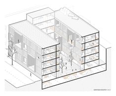 an architectural drawing shows the interior and exterior of a house with multiple floors, windows, and balconies