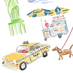 a drawing of a taxi cab and a camel on a leash