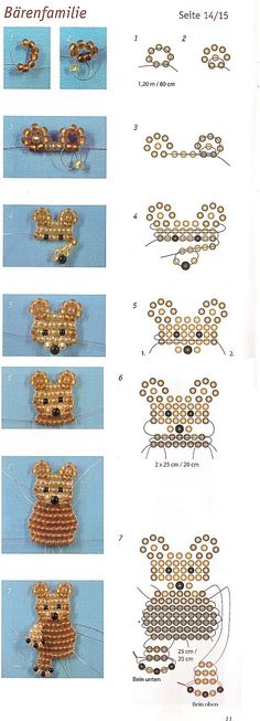 the instructions for making beaded teddy bear brooches are shown in several different ways