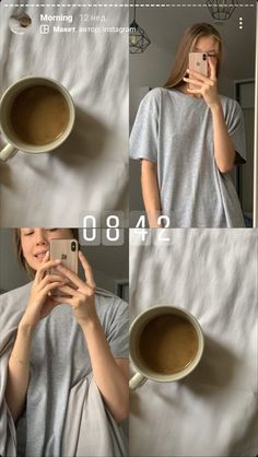 a woman taking a selfie while holding a cup of coffee