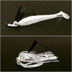 two different views of a fishing lure with white shavings and black tips on it