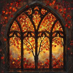 an image of a stained glass window with red leaves on the outside and yellow sky in the background