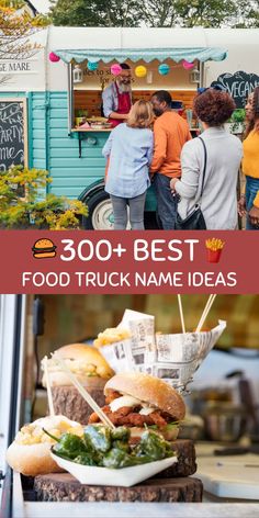 Burgers and a food truck with a line outside. Food Intolerance Diet, Breakfast Food Truck, Vegan Food Truck, Street Food Business, Best Food Trucks, Food Van