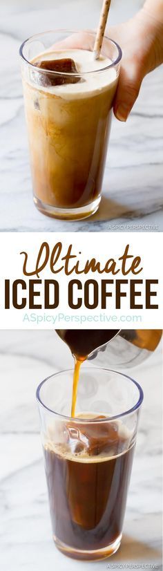 coffee being poured into a glass cup with the words ultimate iced coffee on top and below