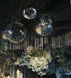 the chandelier is hanging from the ceiling in front of some trees and bushes