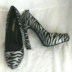 New Without Box Liliana Heels -Zebra Animal Print With Glitter - Size 9 *Minor Tearing On The Edge Of The Right Shoe * See 4th Picture For Details Zebra Heels, Black Pointed Toe Heels, Black Lace Up Heels, Feather Heels, Purple Heels, Zebra Animal, White High Heels, Zebras Animal, High Heel Mules