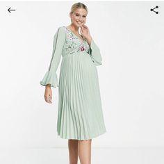 Brand New, Just Missed The Return Deadline This Gorgeous Maternity Dress Has Floral Embroidery On The Front Of The Bust, Bell Sleeves And A Pleated Skirt. Sage Midi Dress, Asos Maternity, Pleated Midi Dress, Maternity Dress, Flared Sleeves, Pregnant Women, Maternity Dresses, Bump, Floral Embroidery