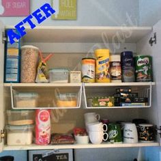 an organized pantry with food items on the shelves before and after it was cleaned up