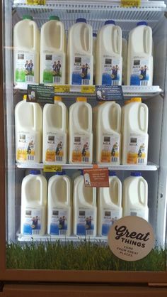 a display case filled with lots of milk