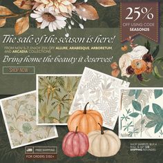 an advertisement for the autumn sale with flowers and leaves