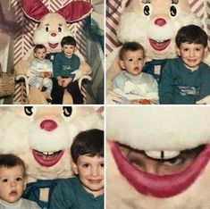 a collage of photos with children in front of a large stuffed animal