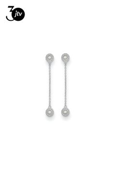 Rhodium over 14K white gold polished circles dangle stud earrings with 0.12 cttw natural round diamonds. Measures approximately 1 11/16"L x 1/4"W and have post and push back closures. White Gold Halo Design Dangle Diamond Earrings, White Gold Dangle Earrings With Halo Design, Timeless Dangle Earrings With Single Cut Diamonds, Timeless Pierced White Gold Diamond Earrings, White Gold Drop Earrings With Halo Design, Sterling Silver Single Cut Diamond Drop Earrings, Sterling Silver Dangle Diamond Earrings With Halo Design, Silver-colored Diamond Drop Earrings With Halo Design, Silver Halo Design Drop Diamond Earrings