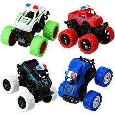 four toy trucks are shown in three different colors