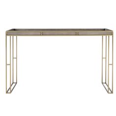 a gold and black console table with two trays on it's sides, in front of a white background