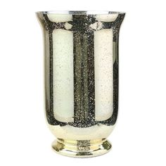 a silver vase with white and black designs on it's sides, sitting against a white background