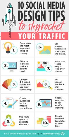 the 10 social media design tips to skyrock your traffic infographical poster is shown here