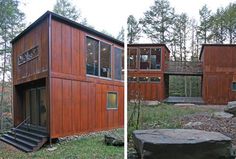 two pictures side by side of a small house in the woods