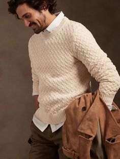 Cable-Knit Sweater | Banana Republic Mens Ribbed Sweater, Mens Academic Fashion, Mens Cable Knit Sweater Outfit, White Cable Knit Sweater Outfit Men, Sweater Collared Shirt Outfit Men, Beige Knit Sweater Outfit Men, Men’s Cable Knit Sweater, White Knit Sweater Outfit Men, Men Cable Knit Sweater