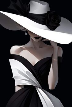 a woman wearing a black and white dress with a large hat on it's head