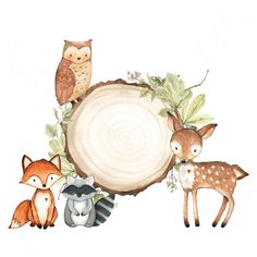 watercolor painting of woodland animals around a tree stump