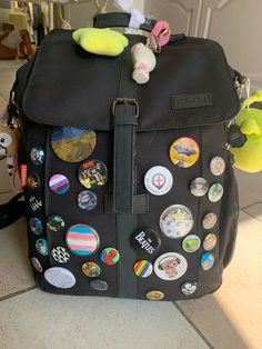 Btw! I do NOT support Melanie Martinez anymore and the pin on my bag is only there for a replacement while i get more pins Trans Pin, Inside My Bag, Backpack Clothes, Custom Backpack, Battle Jacket, What In My Bag, Bag Ideas, Bags Aesthetic