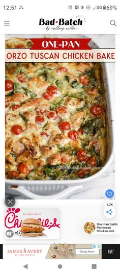 Bad Batch Cooking, One Pot Baked Meals, Orzo Chicken Casserole, Easy Healthy One Pan Dinner, Orzo Skillet Recipes, Tuscan Chicken Pasta Bake, One Pan Orzo Chicken, Tuscan Orzo Chicken Bake